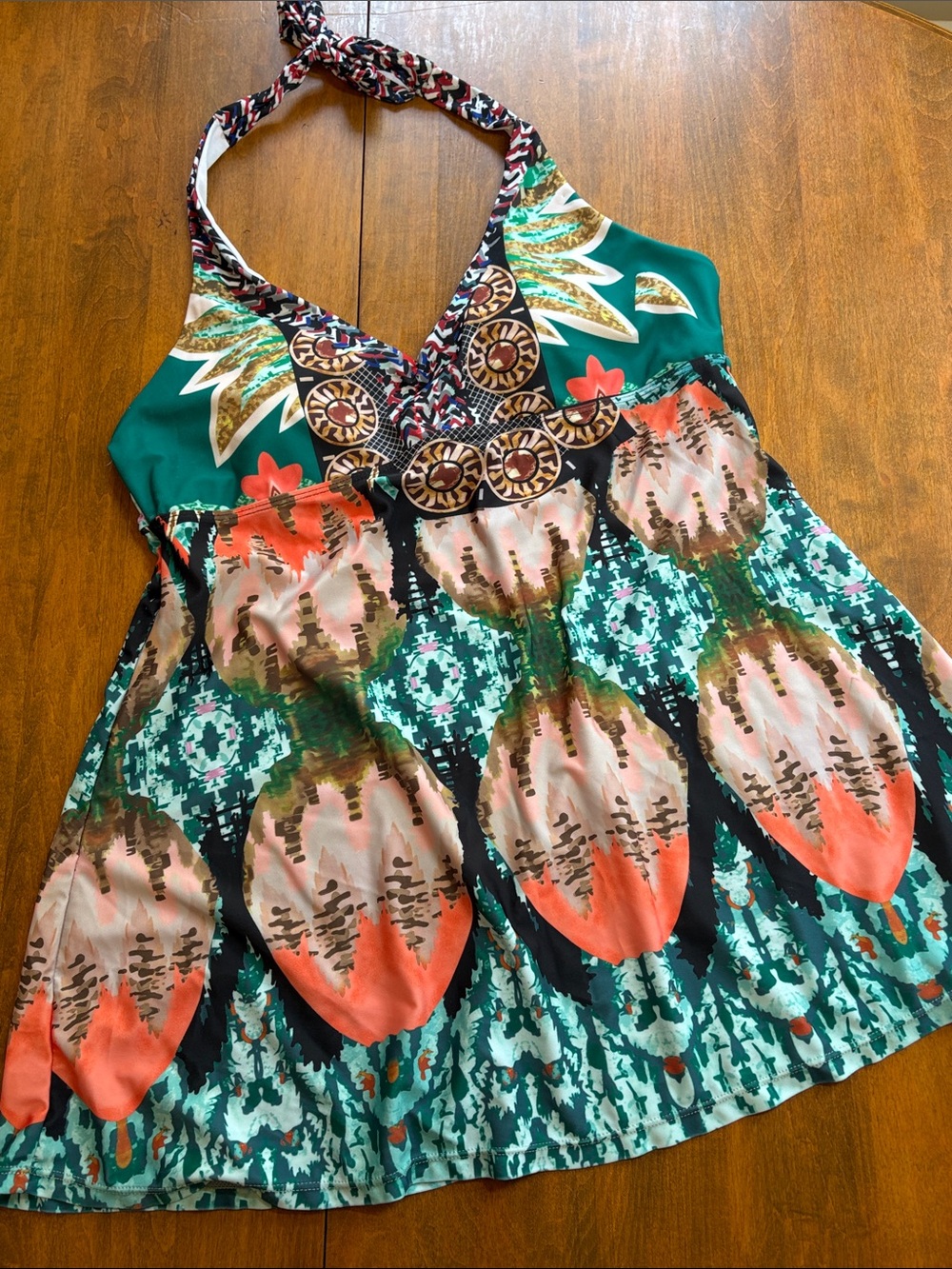 Boho Halter Swim Dress in Teal, Coral & Black, XL